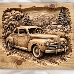 May include: Wooden carved artwork depicting a vintage car driving on a dirt road through a rural landscape. The artwork features a detailed relief of trees, mountains, and buildings, all in shades of brown.