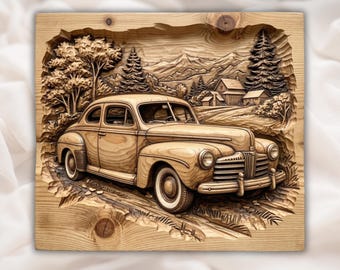 Archivo STL de coche antiguo / Relieve de sedán clásico / Decoración de pared de paisaje rústico / Arte de escena de granja de montaña / Diseño de tallado en madera / Archivo de placa campestre