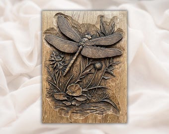 Dragonfly Floral 3D Relief STL File | Insect Wood Grain CNC Carving | Nature Garden Wall Art Panel | 3D Print & Laser Engraving