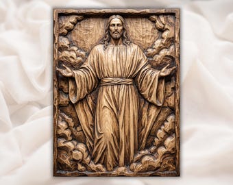 Jesus Relief STL | CNC Router 3D Carving Model | Christ in Clouds Wood Grain Bas Relief Panel | Christian Wall Art Church Decor