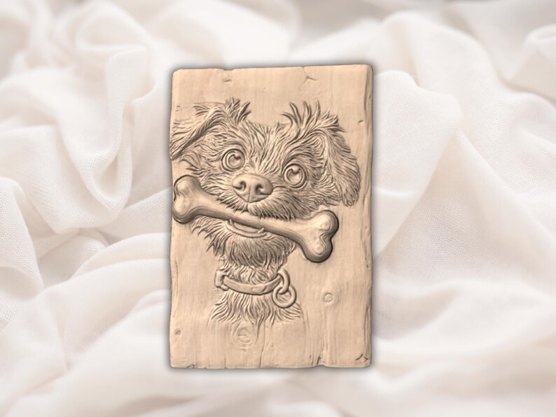 May include: A rectangular wooden plaque featuring a detailed relief carving of a dog holding a bone in its mouth. The dog has fluffy fur and a collar. The carving is in shades of brown.