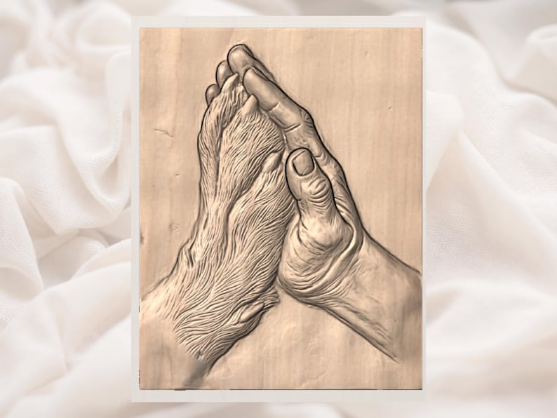 May include: A wooden relief carving depicts a human hand gently holding a dog's paw. The artwork is rendered in shades of brown, showcasing detailed textures of skin and fur. The piece evokes themes of companionship and love.