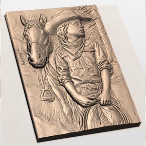 Cowboy Kid and Horse 3D Relief STL File view 3