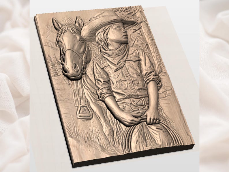 May include: A detailed relief carving of a cowboy and horse. The cowboy wears a hat, shirt, and neckerchief, holding a rope. The horse is beside the cowboy. The carving is in shades of brown and tan, with a rustic, western theme.