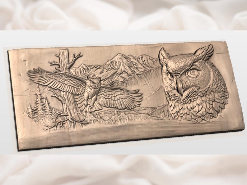 Flying Owl Moonlit Mountain Bas Relief STL | CNC Router Wood Carving File | Owl Wall Art | 3D Print + CNC Ready | Cabin Lodge Decor Gift image 3
