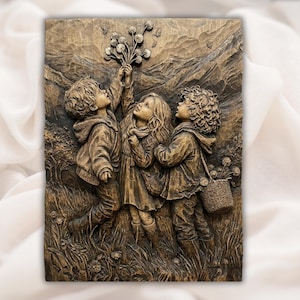 Children Picking Flowers 3D Relief STL File view 1