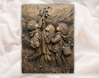 Children Picking Flowers 3D Relief STL File | Kids Nature Scene Wood Grain CNC Carving | Rustic Wall Art | 3D Print & Laser Engraving
