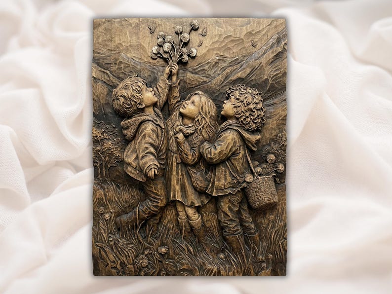 Children Picking Flowers 3D Relief STL File