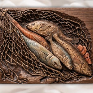 Fish in Net 3D Relief STL view 1