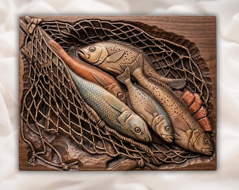 Rzeźba 3D z rybą w sieci (STL) | Panel z rzeźbą w drewnie z połowem łososia i pstrąga | Sztuka ścienna z domkiem rybackim | Połów w sieci (STL) | Tabliczka ścienna z rybami