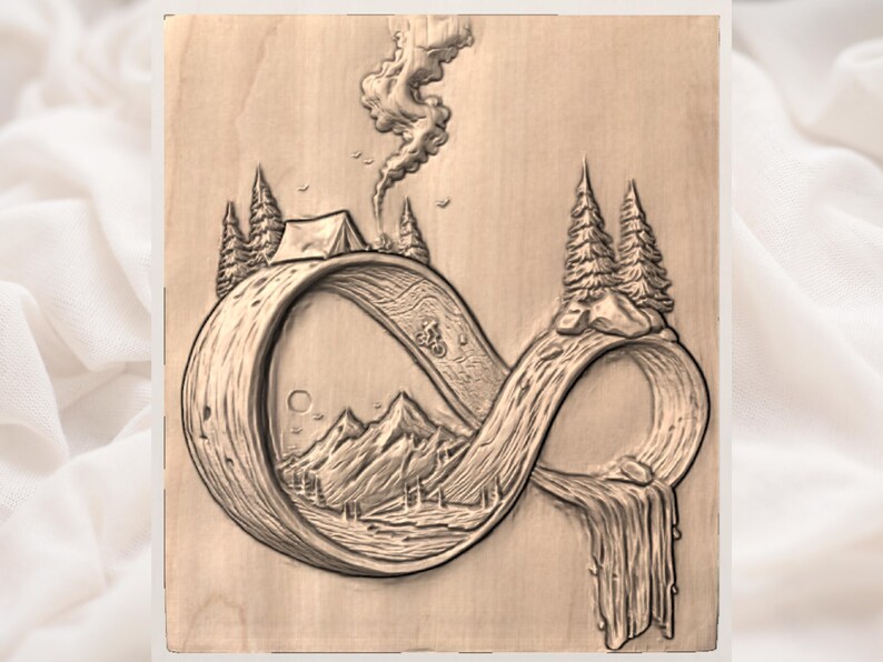 May include: A wooden carving depicting a camping scene within an infinity symbol. The design includes a tent, trees, mountains, a waterfall, and a cyclist. The artwork is in shades of brown and beige, with detailed relief carving.