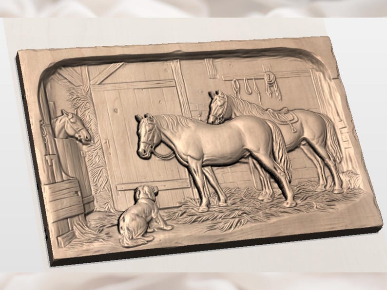 May include: A wooden relief carving depicting a barn scene with horses and a dog. Two horses stand in the center, one with a saddle. A dog sits in front, and a horse head is visible on the left. The carving is in shades of brown.