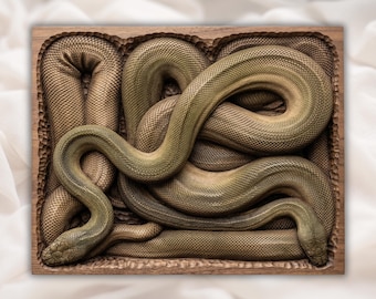 Zwinięty wąż 3D, płaskorzeźba STL | Realistyczny panel z rzeźbionym wężem w drewnie | Sztuka ścienna z gadami | Płytka ścienna ze zwiniętym wężem | Gotyckie węże 3D STL