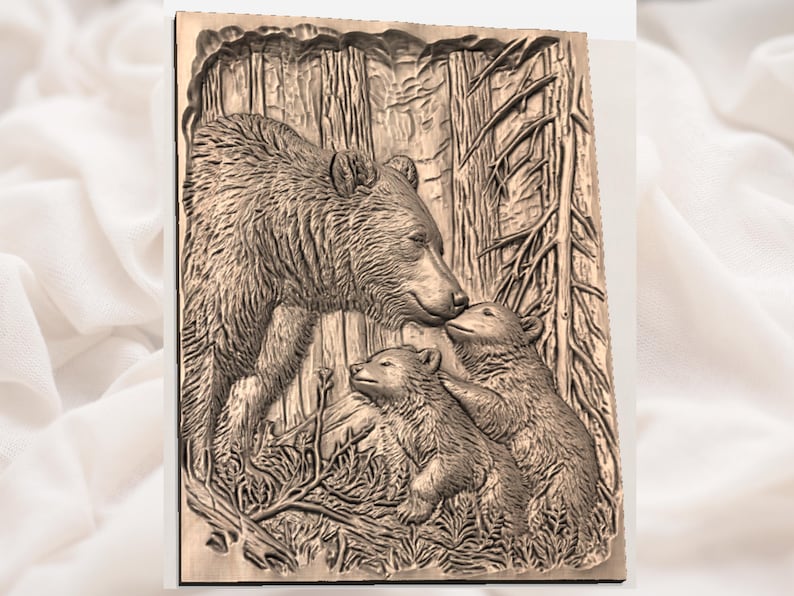 May include: A rectangular, sepia-toned relief carving depicts a bear family in a forest setting. The mother bear tenderly touches one cub, while the other looks on. The background features stylized trees and foliage, creating a serene woodland scene.