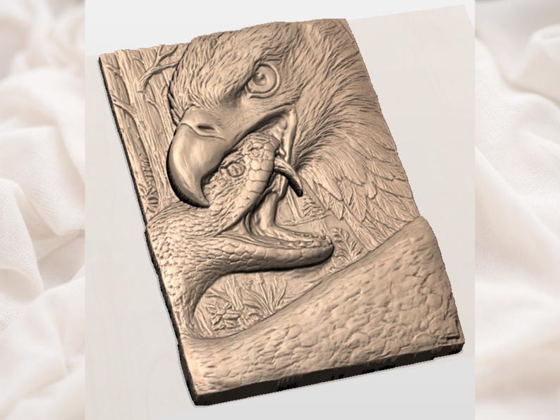 May include: A rectangular, relief sculpture depicting an eagle with a snake in its beak. The eagle's detailed feathers and the snake's scales are visible. The sculpture is a warm, earthy brown color.