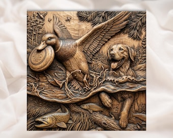 Duck Hunting Dog 3D Relief STL File | Retriever and Duck Wood Grain CNC Carving | Aspire, VCarve Pro, Carveco, Fusion 360, ArtCAM