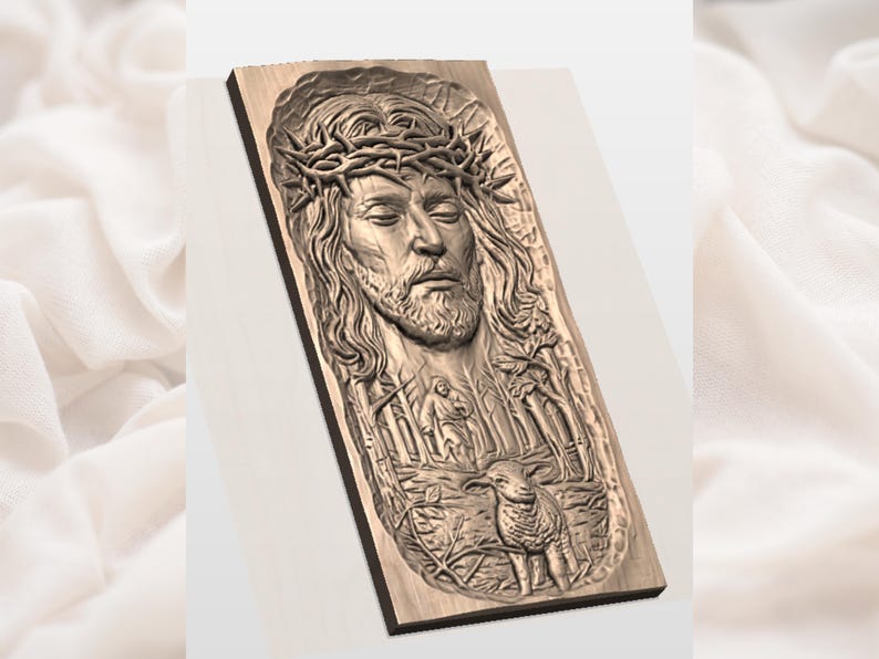 May include: A wooden relief carving depicting a serene face with a crown of thorns, long hair, and a beard. The carving includes a scene with figures and a lamb in a forest setting. The artwork is in shades of brown.