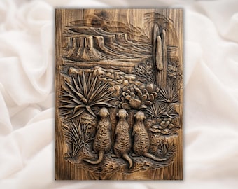 Desert Meerkats 3D Relief STL File | Southwest Cactus Landscape Wood Grain CNC Carving |Aspire, VCarve Pro, Carveco, Fusion 360, ArtCAM