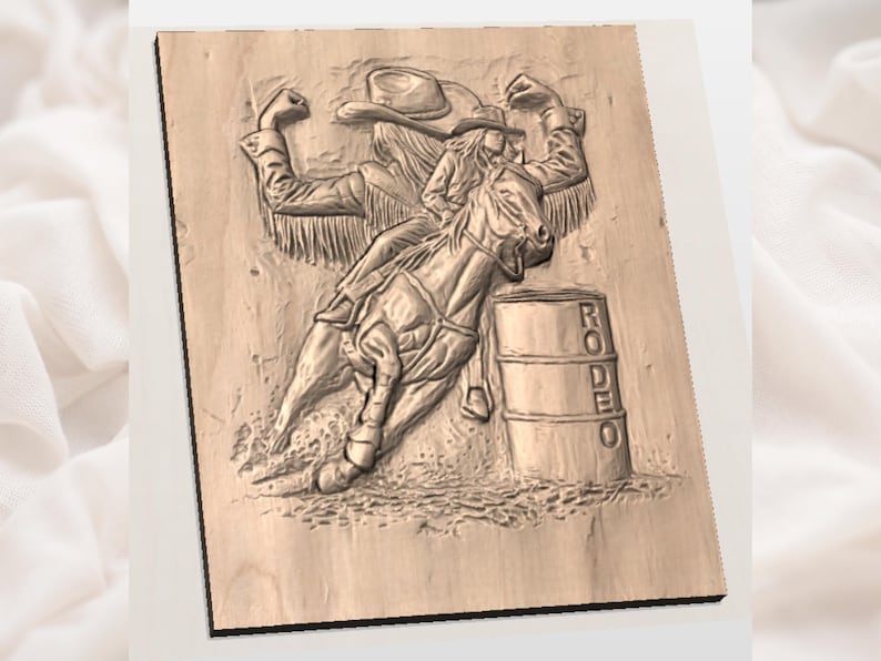 May include: A wooden relief carving depicts a rodeo scene. A rider on horseback is shown in action, with a barrel and the word "RODEO" carved on it. The carving is in shades of brown and tan, with detailed textures.