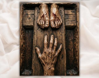 Crucifixion Cross Feet & Hand 3D Relief STL | Jesus on Cross Christian CNC Router Wood Carving Panel | Bible Bas-Relief Home Decor