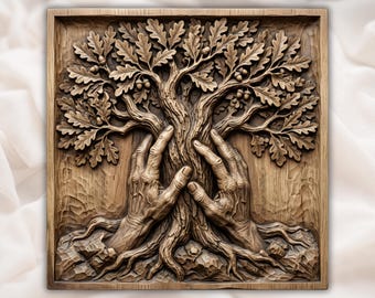Hand of Nature Oak Tree Wall Panel | Rustic Wood Carving Design | Home Decor Bas Relief | Aspire VCarve Pro Carveco ArtCAM