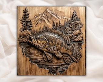 3D en relief 3D de poisson bar | Panneau de scène de lac de montagne | Fichier de sculpture pour routeur CNC, Aspire, VCarve Pro, Carveco, Fusion 360, ArtCAM