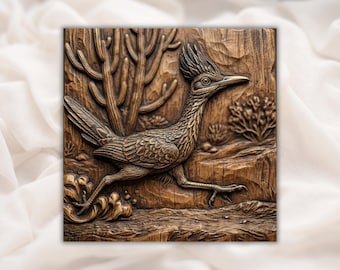 Running Roadrunner 3D-relief STL | Panel med ökenkaktus och djurliv | CNC-ruttersniderifil, 3D-utskrift, lasergravyr | Heminredning