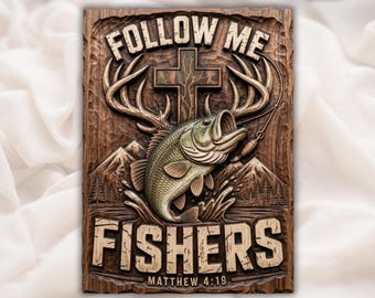 Christian Bass Fishing STL | Follow Me Fishers Matthew 4:19 CNC Relief | Cross Antlers Mountain Lake Carving Model | Faith Lodge Wall Art