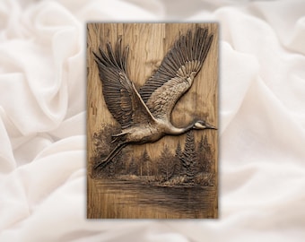 Flying Heron 3D Relief STL | Lake & Forest Bird Wall Art Wood Grain Carving Panel | CNC Router File, 3D Print, Laser Engrave | Home Decor