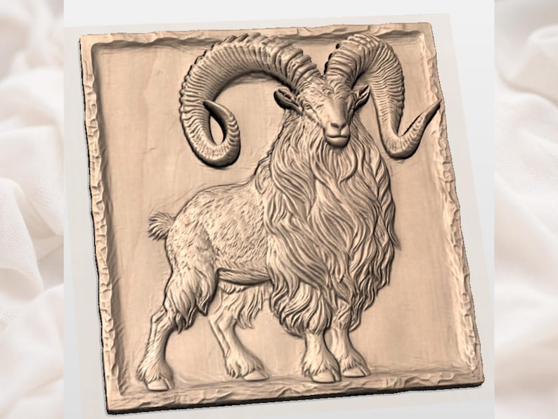 May include: A detailed relief carving of a ram, showcasing its large, curved horns and shaggy fur. The artwork is set within a rectangular frame with a textured, stone-like appearance. The ram is depicted in a standing pose, facing forward.