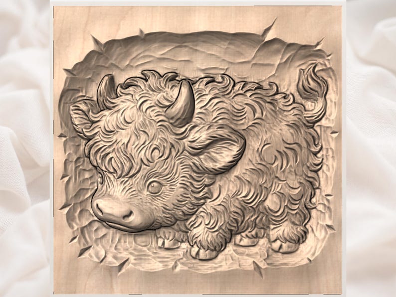 May include: A detailed wood carving of a Highland cow calf. The calf is depicted in a resting position, with its fluffy fur and small horns intricately carved. The carving is set within a textured, carved border, all in natural wood tones.