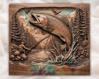 Scena połowu pstrąga (STL) | Tabliczka ścienna Leaping Fish Splash | Rzeźba CNC w męskiej jaskini (STL) | Panel rzeźbiarski z drewna z motywem rzeki i wędkarza muchowego