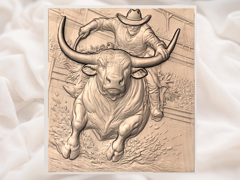 May include: A detailed wood carving depicts a cowboy riding a bucking bull. The cowboy wears a hat and holds a rope, while the bull is mid-jump. The carving is in shades of brown and beige, showcasing the texture and movement.