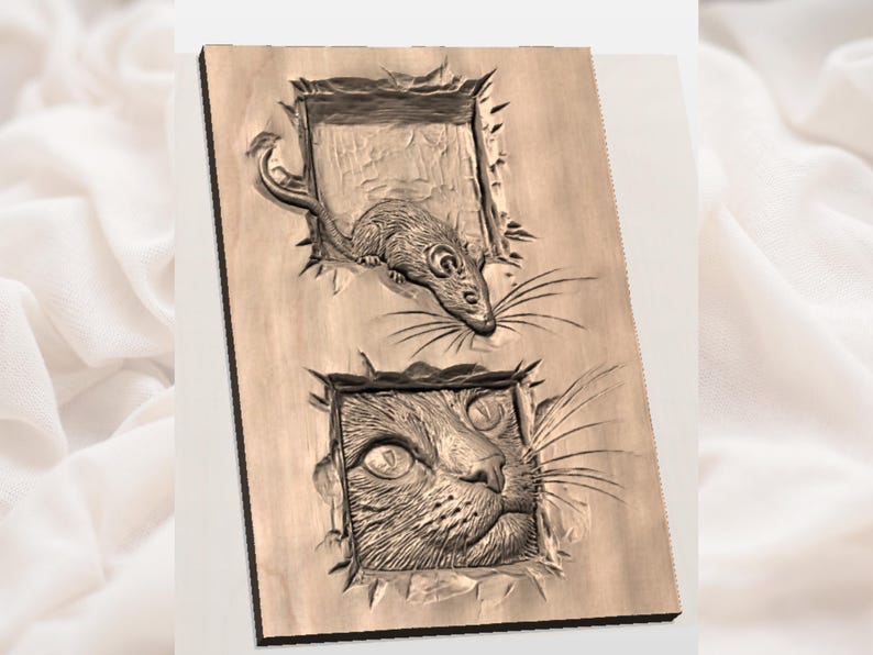 May include: A wooden relief carving depicting a mouse and a cat. The mouse is emerging from a rectangular opening above the cat's face, which is also framed by a rectangular opening. The carving is in shades of brown.