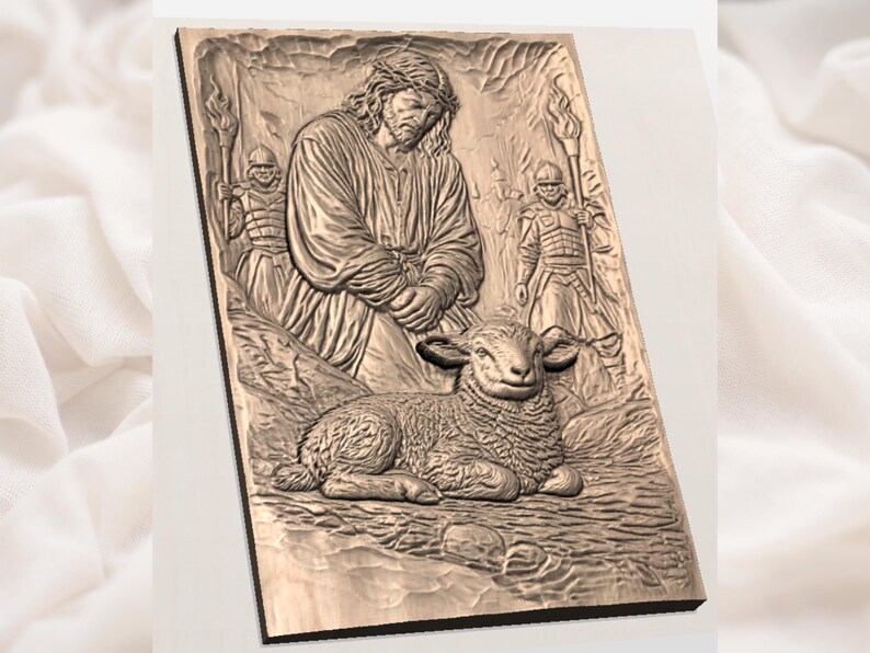 May include: A carved wooden relief depicting a religious scene. It features a figure with a crown of thorns, a lamb, and two soldiers with torches. The artwork is in shades of brown and has a detailed, textured surface.