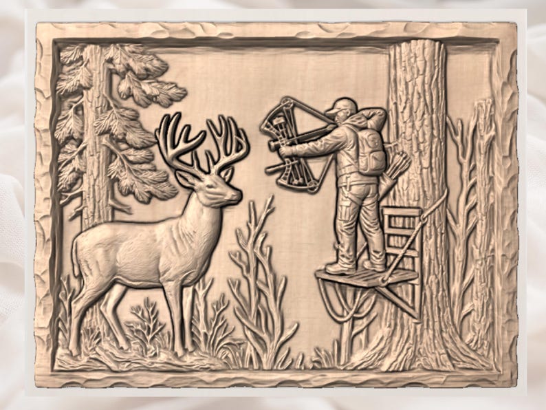 May include: A detailed relief carving depicts a hunting scene. A buck with large antlers stands facing a hunter aiming a bow and arrow from a tree stand. The artwork is in shades of brown, with detailed depictions of trees and foliage.