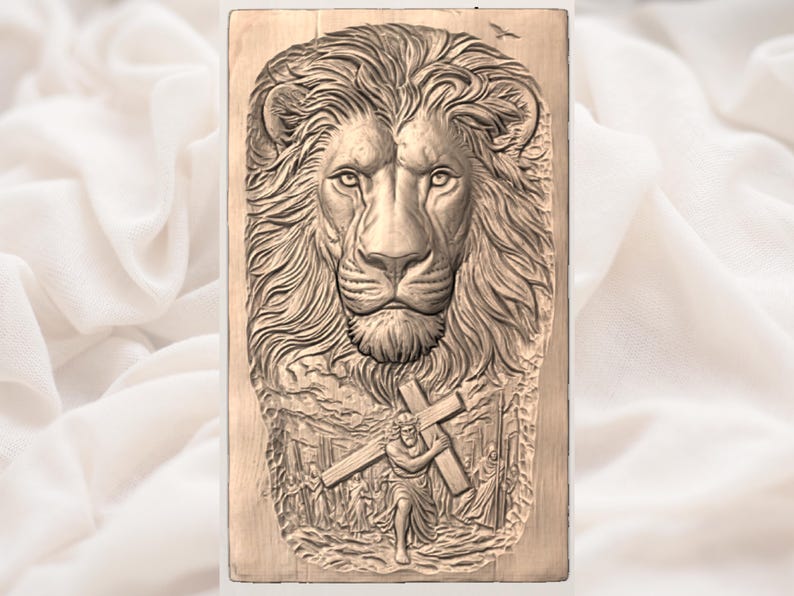 May include: A rectangular, wooden relief carving featuring a detailed lion's head at the top. Below the lion, a figure carries a cross, surrounded by other figures. The carving is in shades of brown.