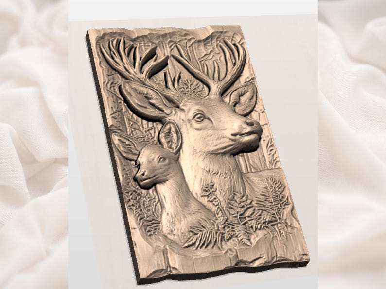 Hjort och bock i 3D-reliefformat i STL-format | Vitstjärtspar i träsnideri, CNC-fil | Rustik väggkonst för vilda djur i STL-format | Jaktstugadekor bild 3