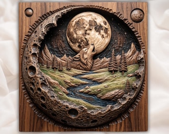 Relevo de Lobo Uivando em STL | Painel Redondo de Rio na Montanha | STL para Roteador CNC | Baixo-relevo de Lobo e Lua | Arte de Parede Redonda com Tema de Vida Selvagem | Decoração Rústica para Cabana