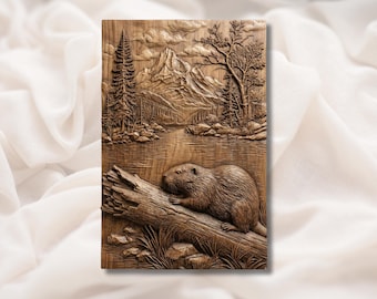 Beaver River Mountain 3D-relief STL | Skogsmark, djurliv, sjölandskap, väggkonst | CNC-router 3D-utskrift, lasergraveringsfil