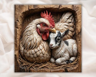 Hen and Baby Goat 3D Relief STL File | Farm Animal Wood Grain CNC Carving | Rustic Barn Wall Decor | 3D Print and  Laser Engraving