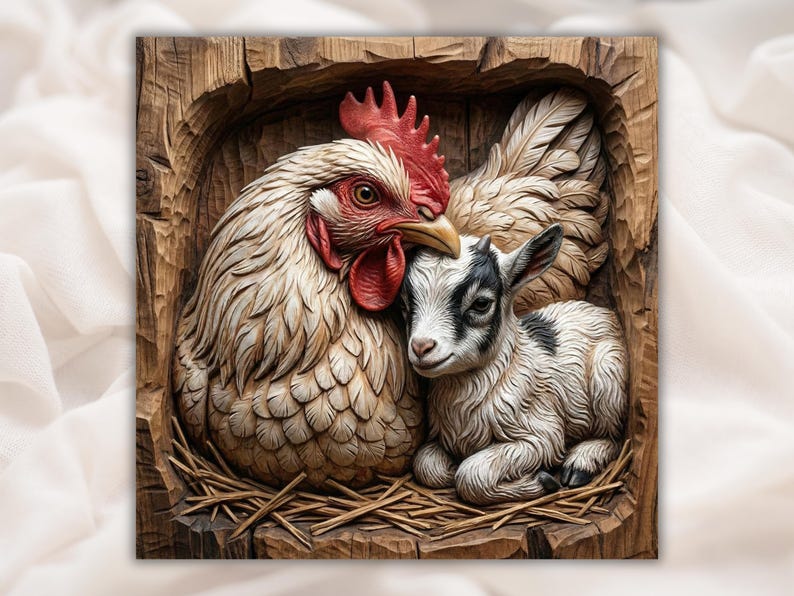 Hen and Baby Goat 3D Relief STL File