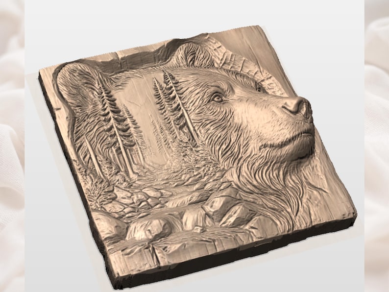 May include: A detailed, relief-carved wooden plaque featuring a bear's head and a forest scene. The bear's profile is prominent, with textured fur and a focused gaze. The background depicts a path through a forest with tall trees and rocky terrain.