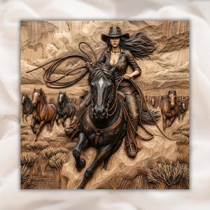Cowgirl on Horse 3D Relief STL view 1