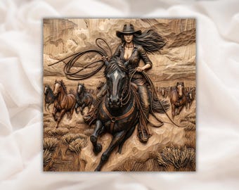 Cowgirl on Horse 3D Relief STL | Wild West Rider with Lasso Herd Scene Wood Grain Carving Panel | CNC Router, 3D Print, Laser | Home Decor