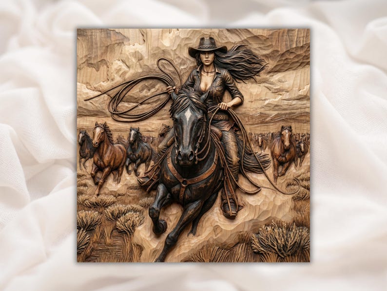Cowgirl on Horse 3D Relief STL