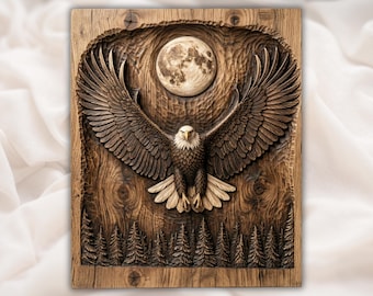 Bald Eagle Moon 3D Relief STL | Wildlife CNC Router Wood Carving File | Eagle Wings Bas-Relief Wall Art | Wildlife 3D Print Model