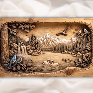 Wildlife Mountain Lake Bas Relief STL view 1