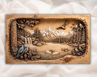 Könnte beinhalten: Holzschnitzerei, die eine ruhige Bergsee-Szene darstellt. Das Kunstwerk zeigt einen Wasserfall, Kiefern, Vögel und Schwäne. Das Relief ist von einem geschnitzten Rahmen umgeben und zeigt eine natürliche, rustikale Ästhetik.