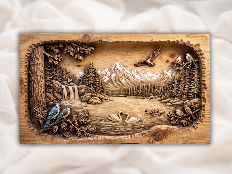Wildlife Mountain Lake Bas Relief STL